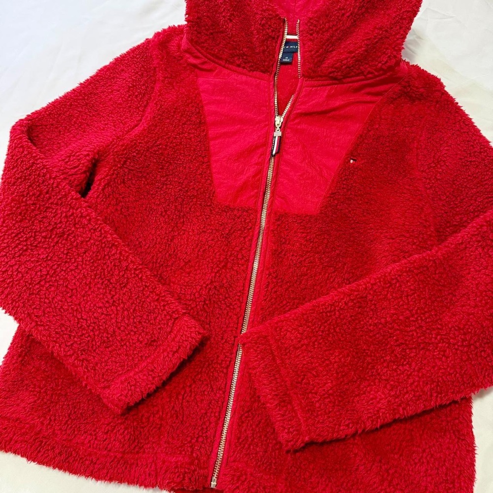 Tommy Hilfiger Womens Red Sherpa Teddy Fleece Hooded Full Zip Jacket Medium